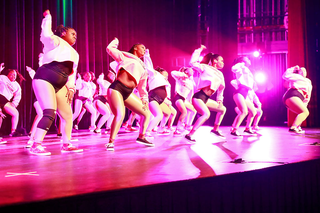 The Pink Elites perform during the step-show at Jesse Hall